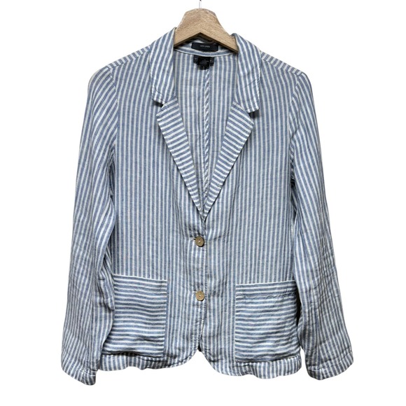 Tahari 100% Linen Striped Blazer Women M Blue White Office Nautical Coastal - Picture 1 of 6